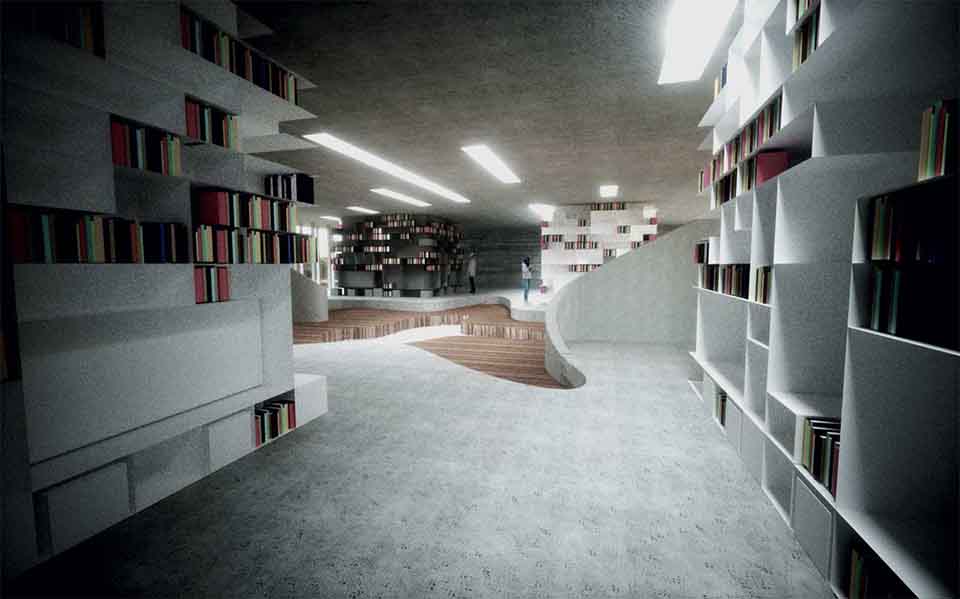 Polní knihovna - vizualiace interiéru. Autor: Kurz architekti