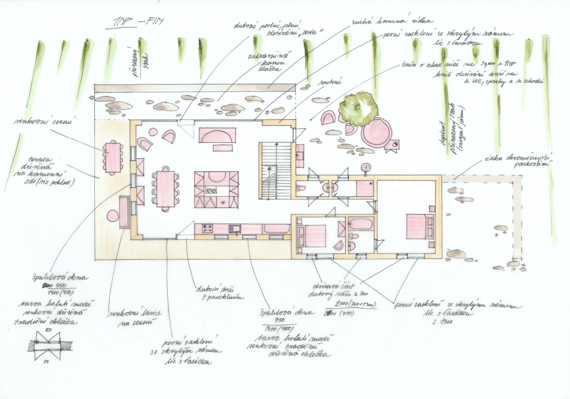 Hájenka v Krkonoších - ruční skica - půdorys 1. NP se základními popisky. Autor: Kurz architekti 