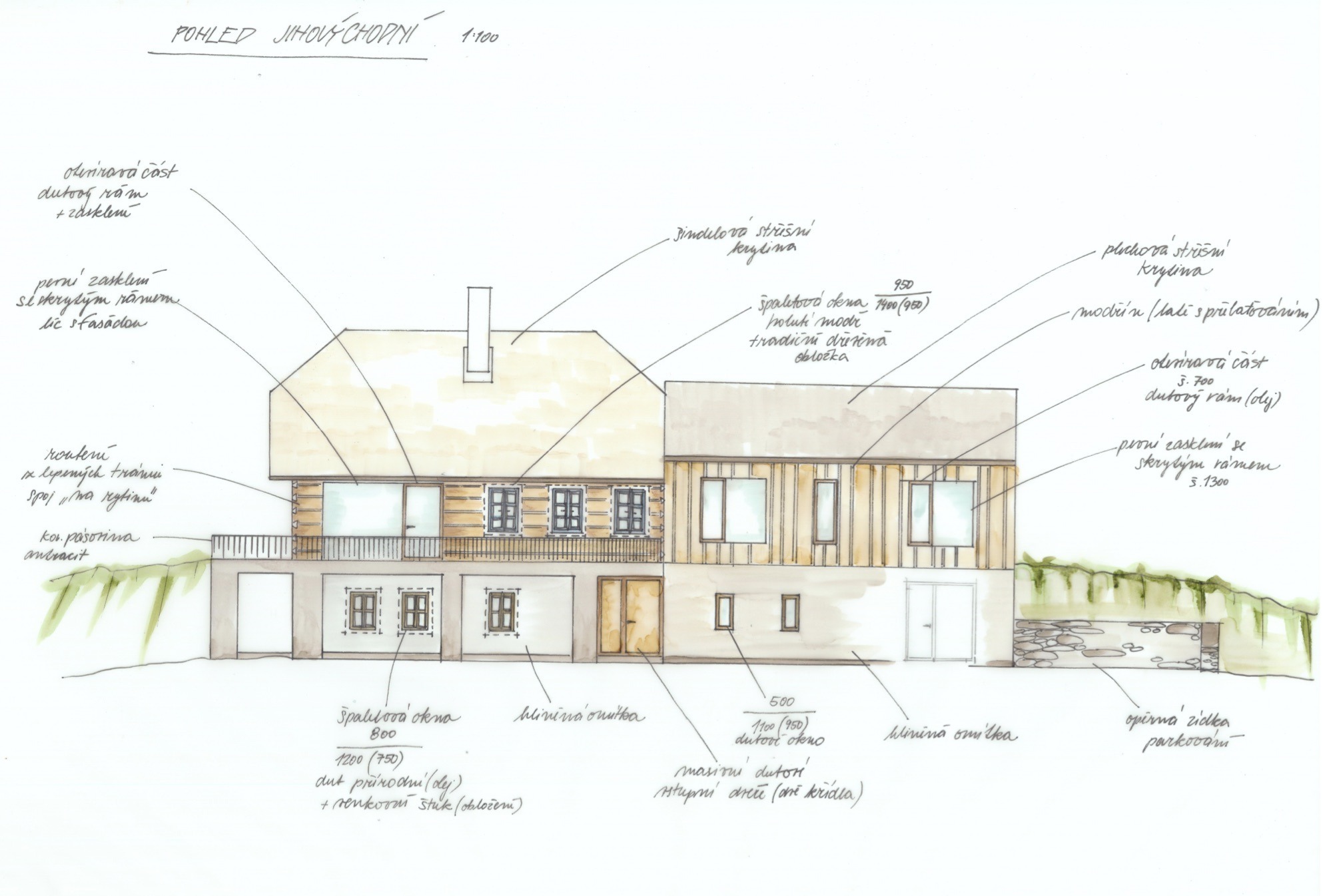 Hájenka v Krkonoších - ruční skica - jihovýchodní pohled se základními popisky jednotlivých prvků a materiálů. Autor: Kurz architekti 