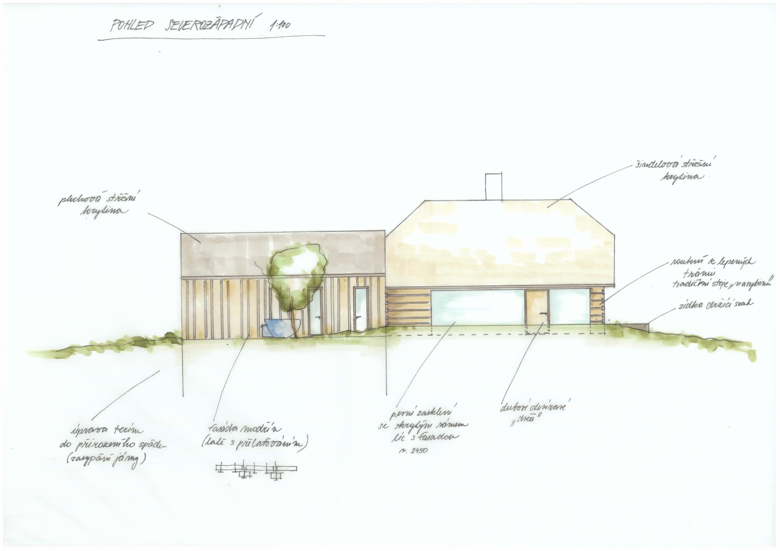Hájenka v Krkonoších - ruční skica - severozápdní pohled se základními popisky jednotlivých prvků a materiálů  •  Kurz architekti 