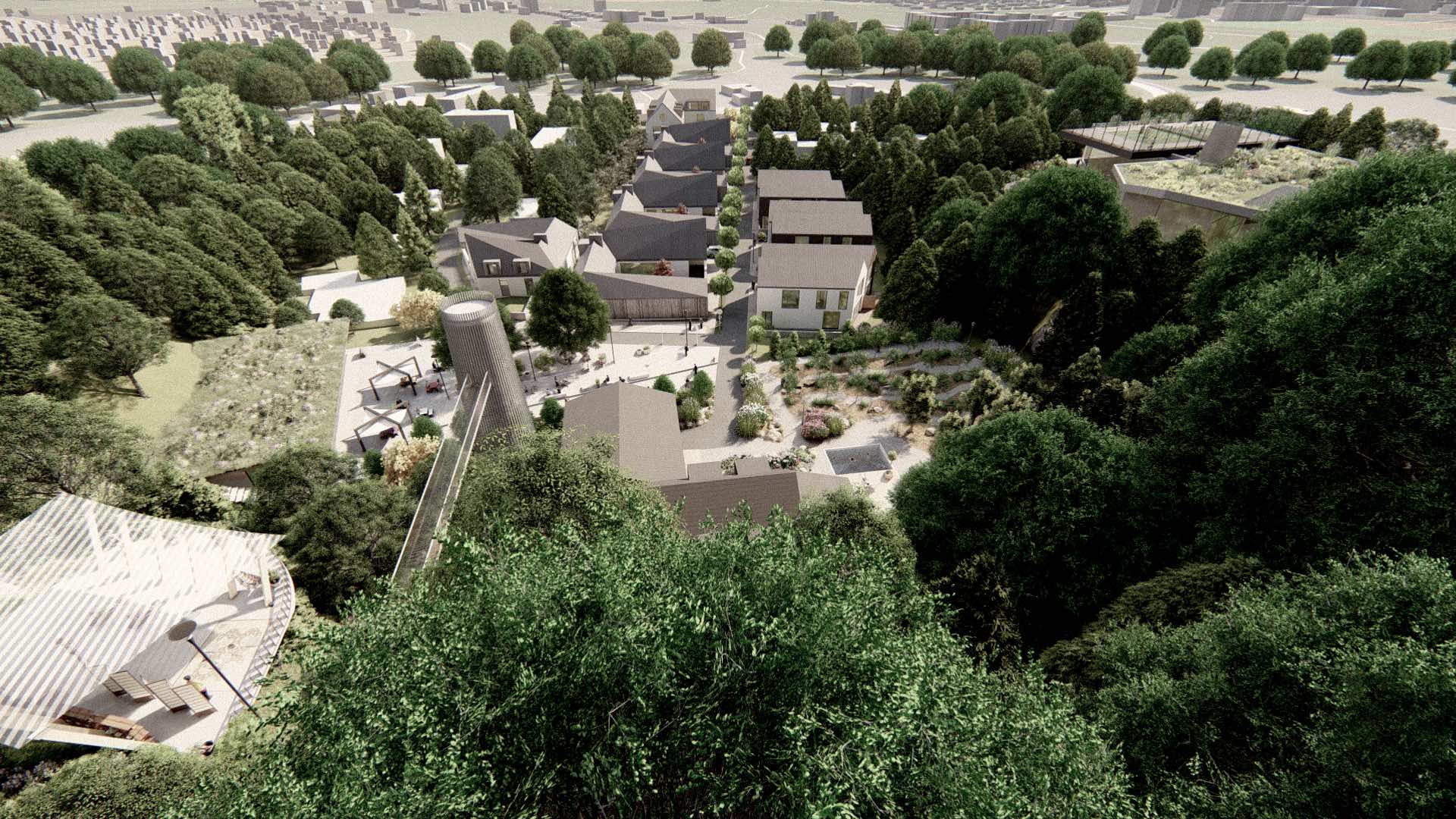 Vizualizace rezidenčního komplexu Jenerálka KKCG - ptačí pohled. Autor: Kurz architekti 
