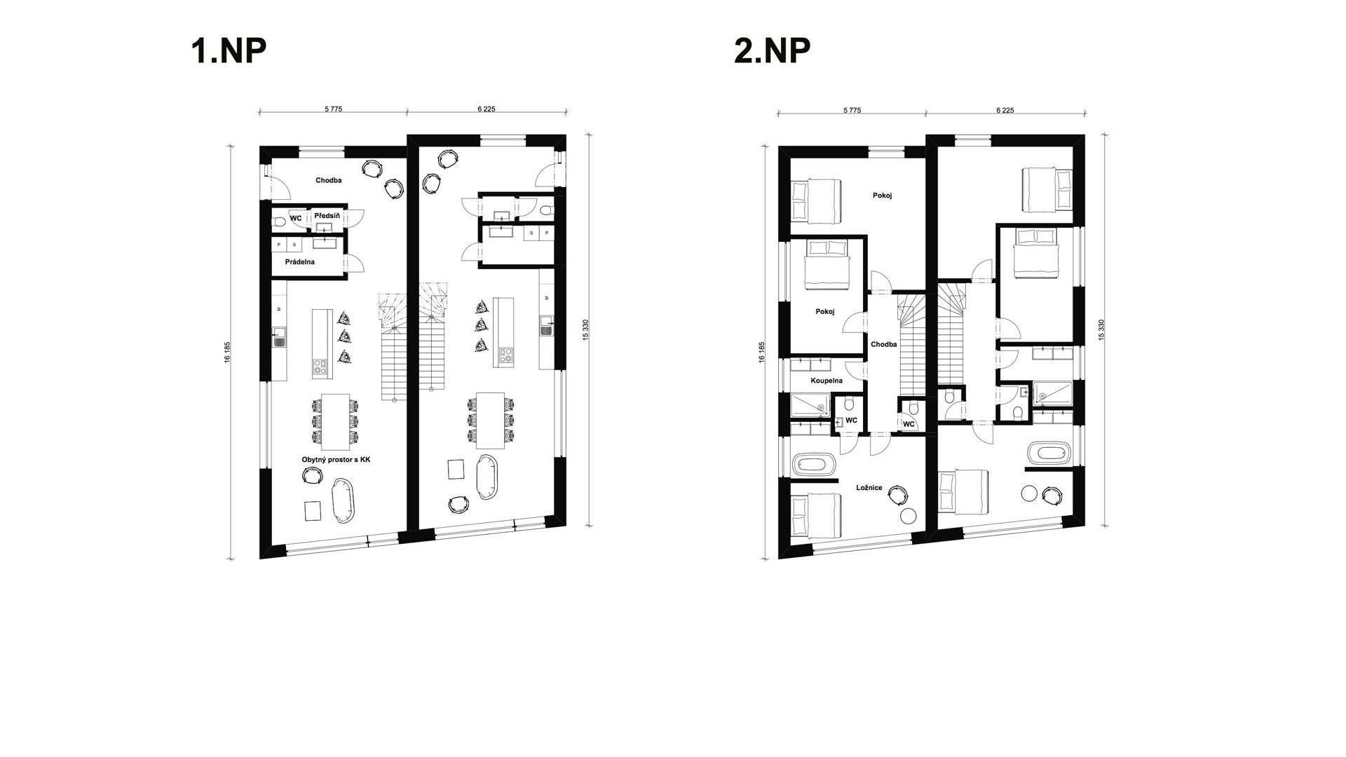 Rezidence Jeneralka KKCG - půdorys dvojdomu (řadovky). Autor: Kurz architekti 