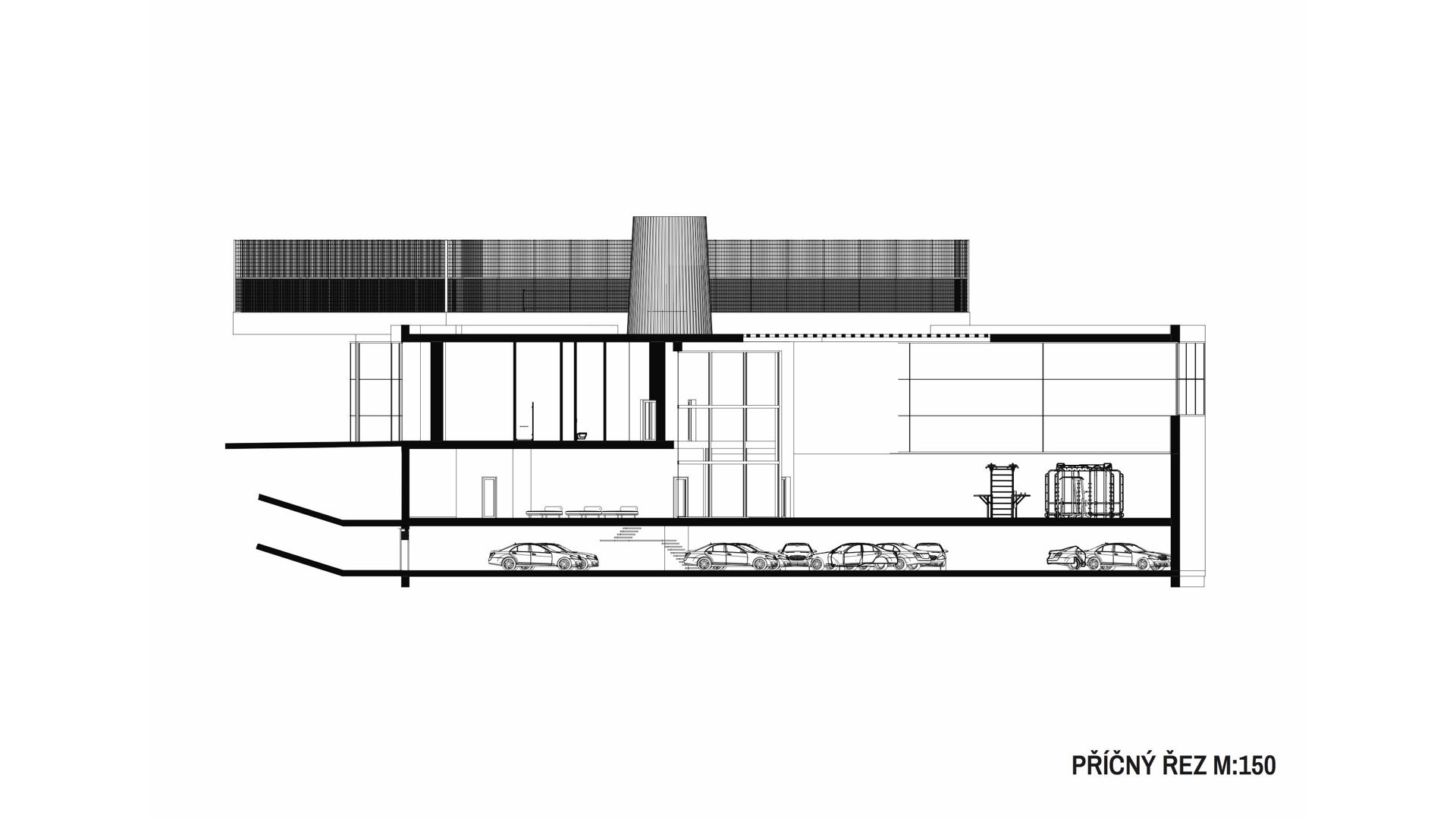 Rezidence Jeneralka KKCG - řez sportovního komplexu. Autor: Kurz architekti 